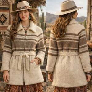 Vintage 70s Hilda Ltd Wool Coat Sz L Icelandic Zip Up Nordic Boho Southwestern